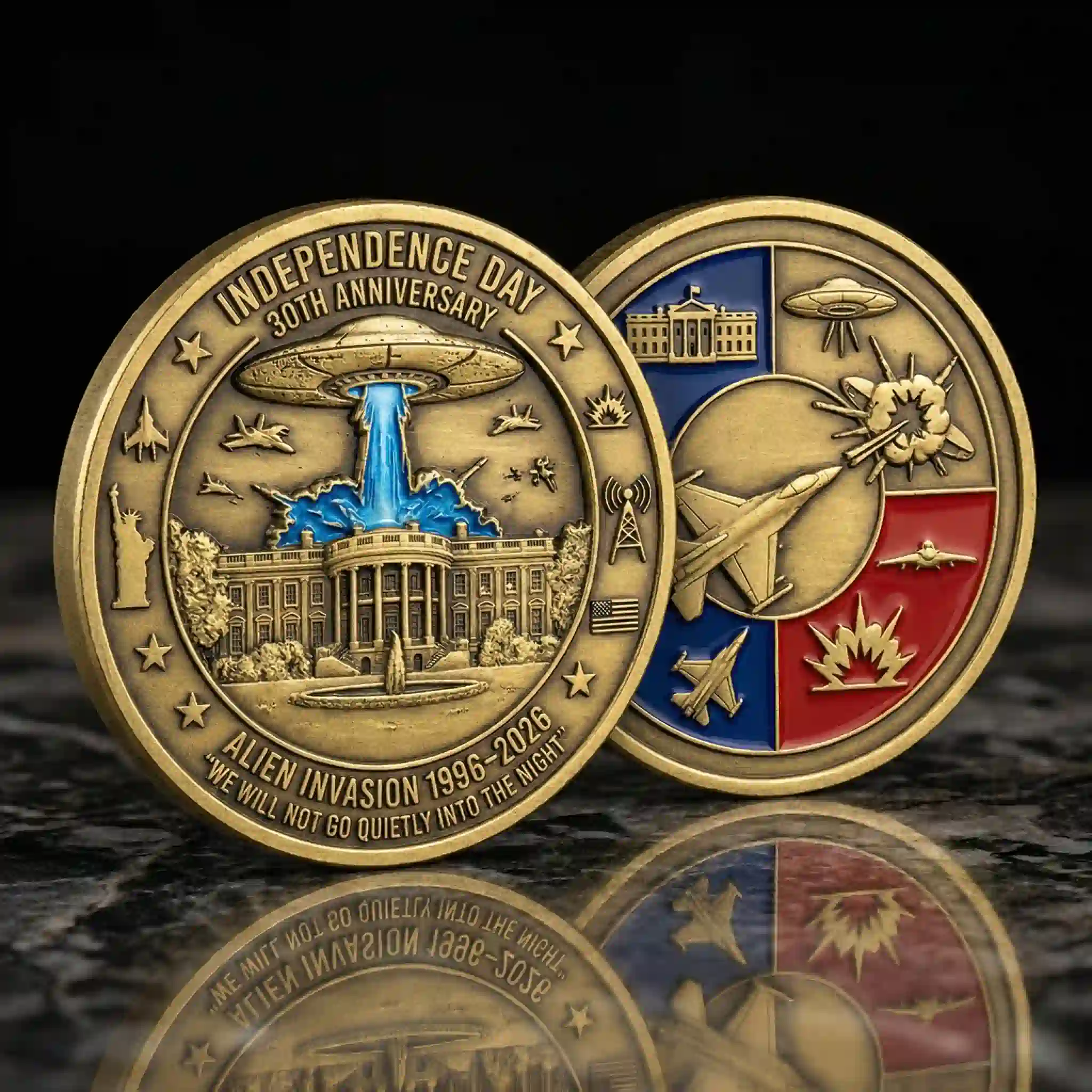 Alien invasion independence day commemorative coin showing front and back design with spaceship jet fighters and white house!