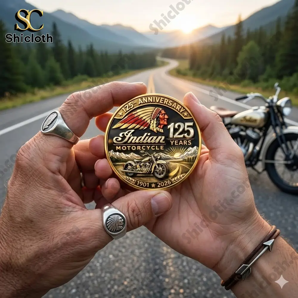 Hand holding Indian Motorcycle 125 years commemorative coin on open road with motorcycle in background!