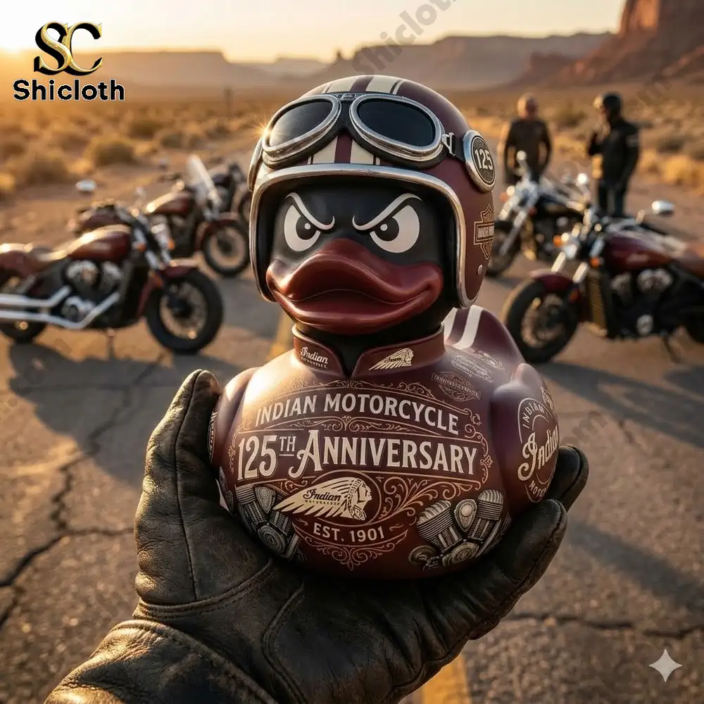 Indian Motorcycle anniversary biker duck toy held in gloved hand on desert road with motorcycles behind!