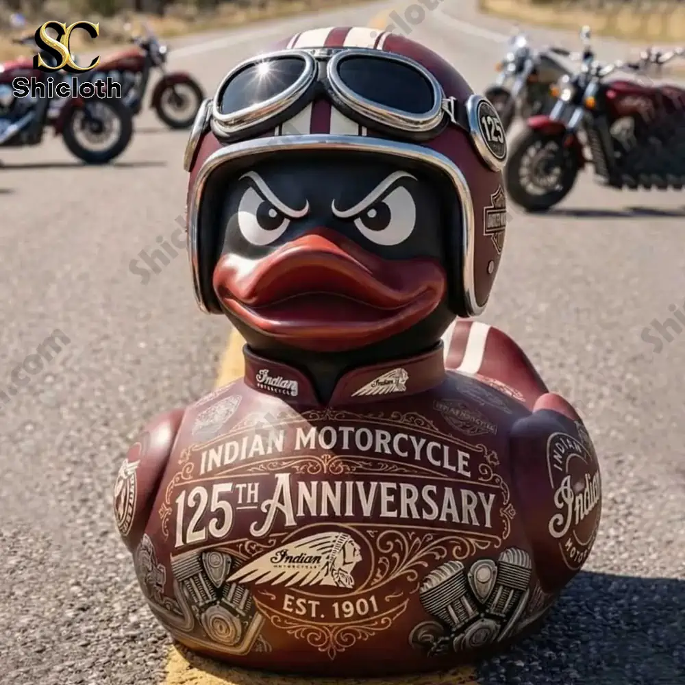 Indian Motorcycle anniversary biker duck figure standing on road with classic motorcycles in background!