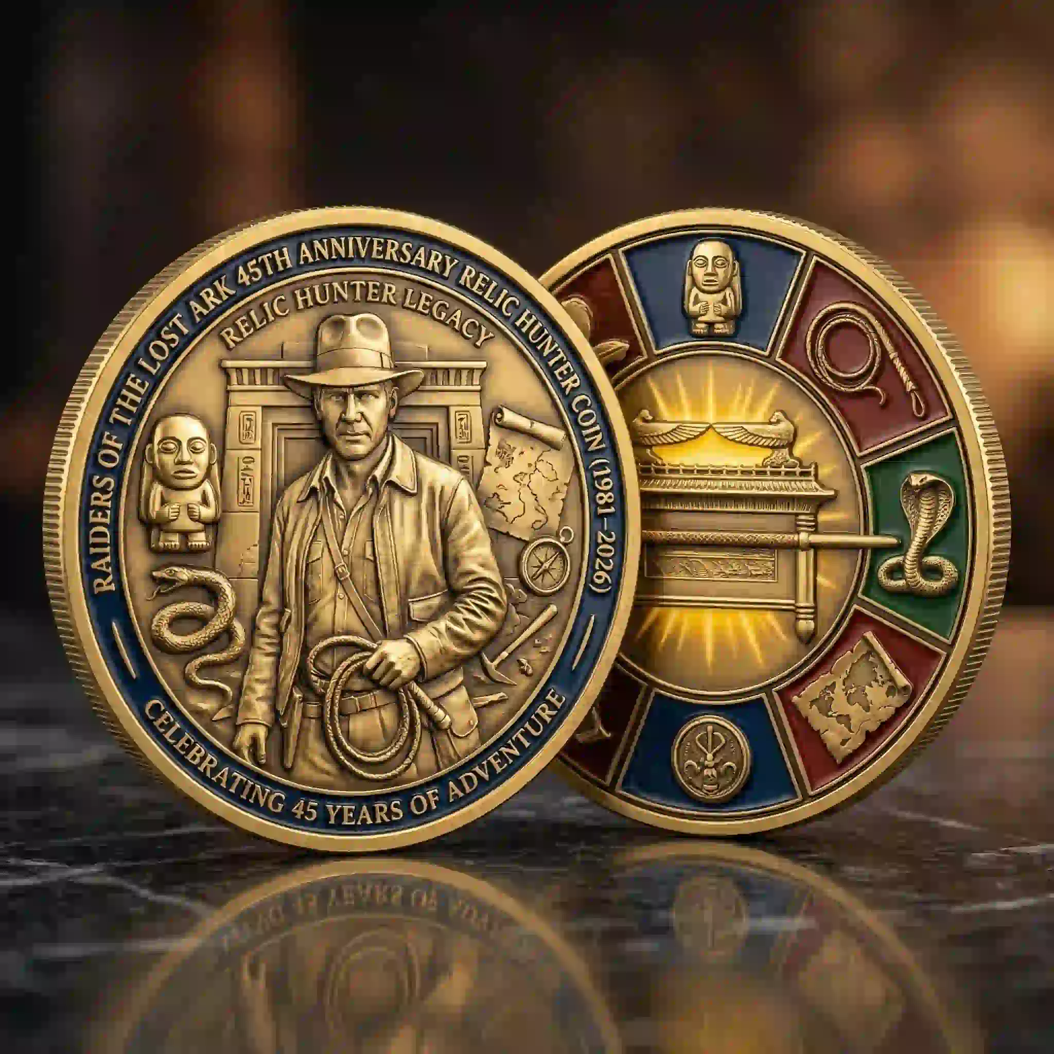 Close view Indiana Jones Raiders Lost Ark relic hunter commemorative coin showing explorer and ark artifact!