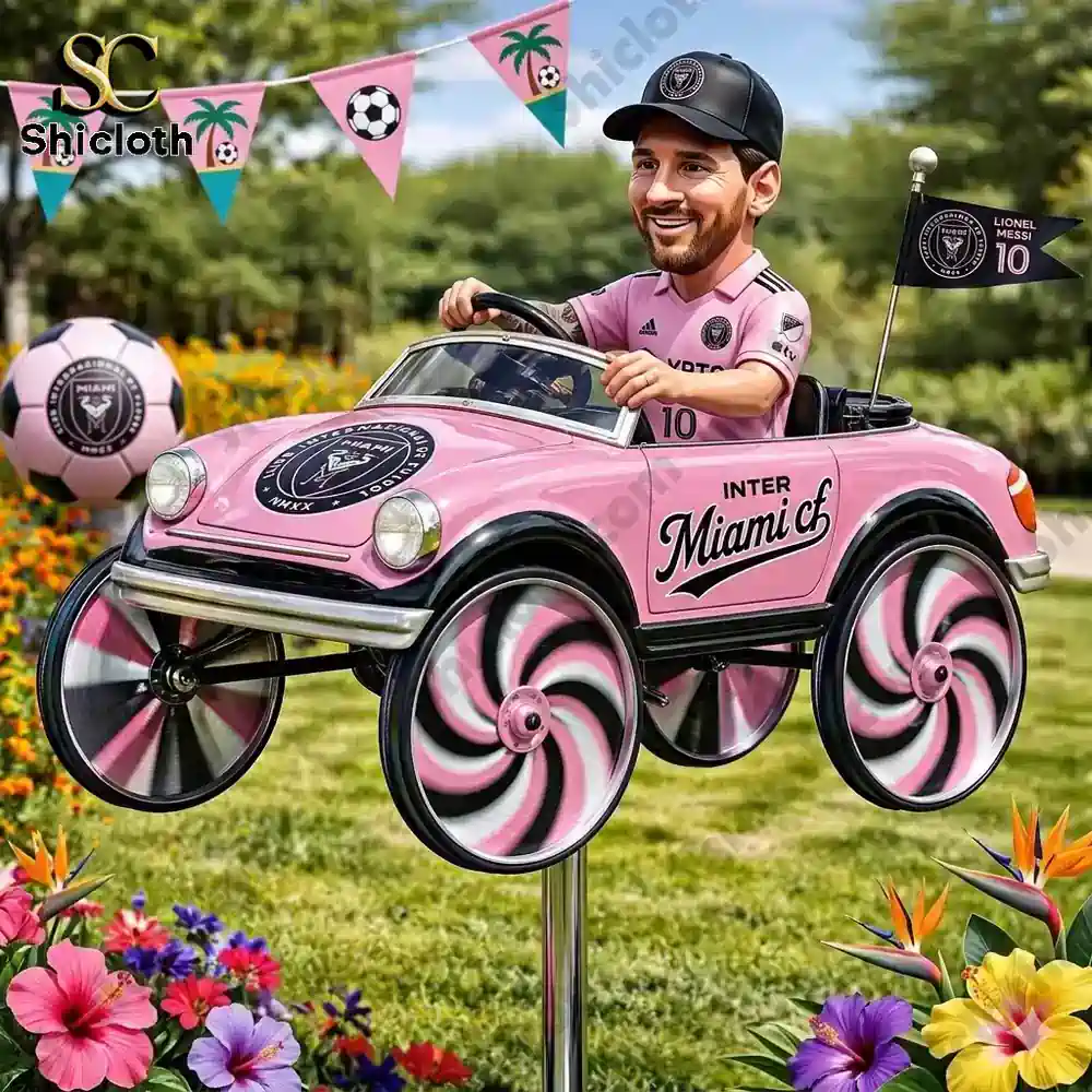 Pink Inter Miami Beetle wind spinner with football theme in garden!