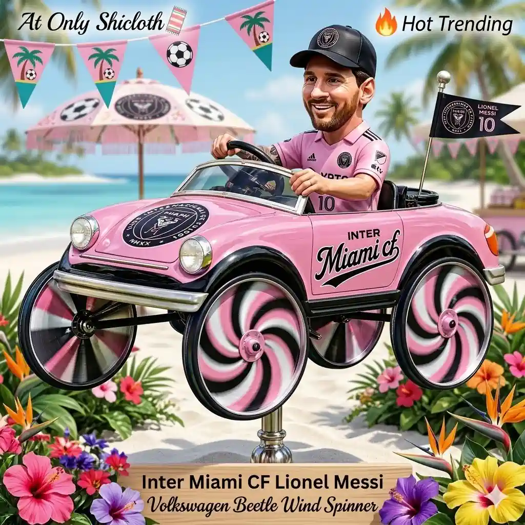 Pink Inter Miami Beetle wind spinner at tropical beach scene!