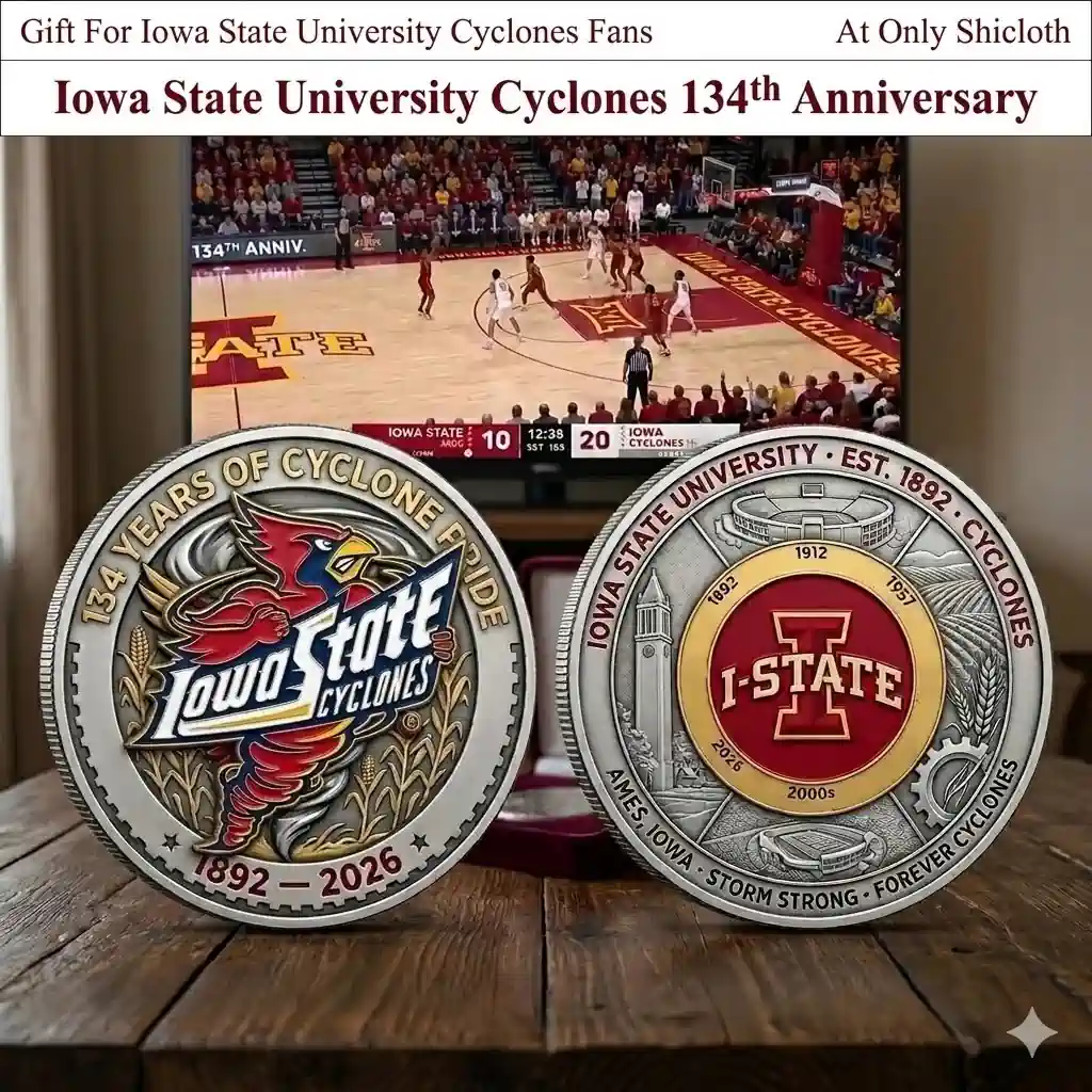 Iowa State Cyclones anniversary commemorative coin front and back displayed before basketball game screen!