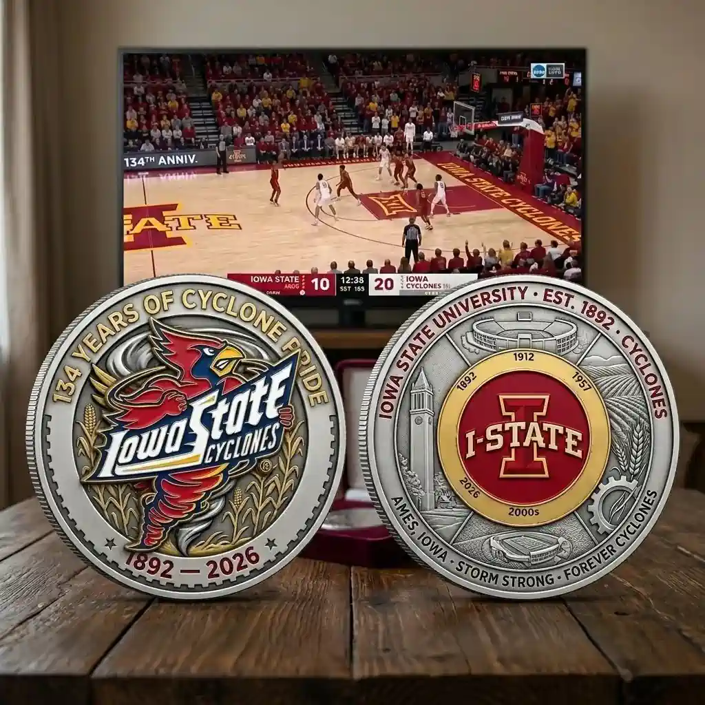 Iowa State Cyclones anniversary commemorative coin front and back on wooden table with basketball game in background!