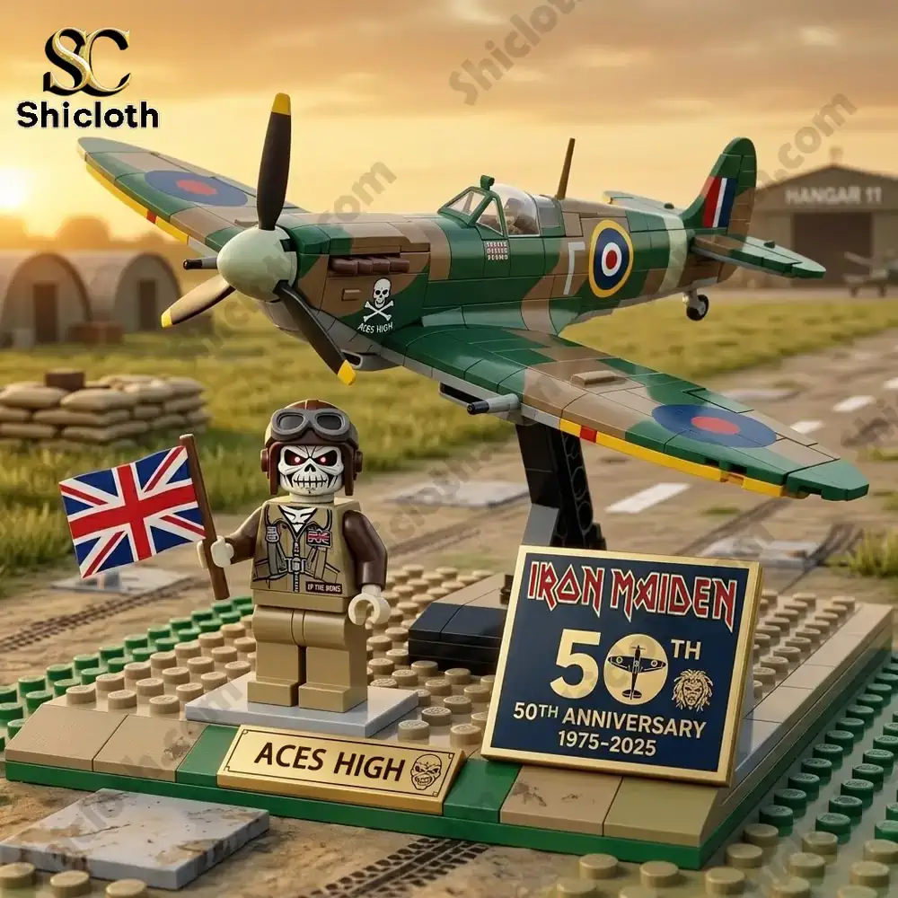 Building block fighter plane with pilot figure holding british flag and anniversary sign