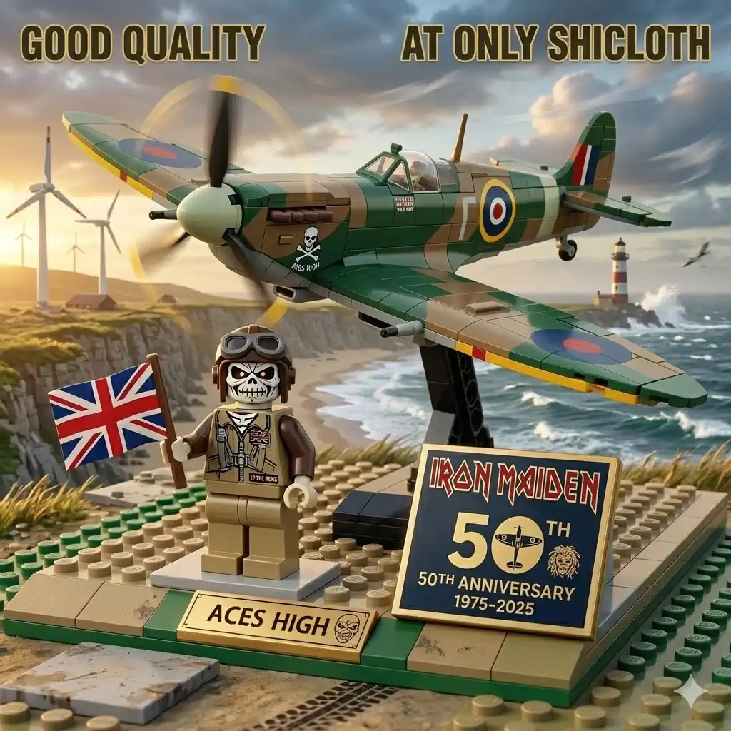 Building block fighter plane on coastal scene with pilot figure and display sign