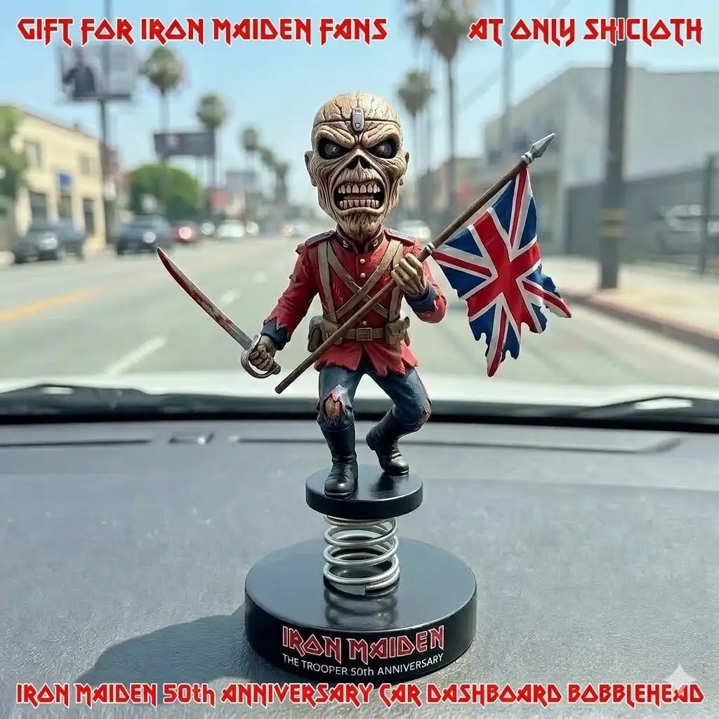 Iron Maiden trooper style bobblehead holding british flag on car dashboard!