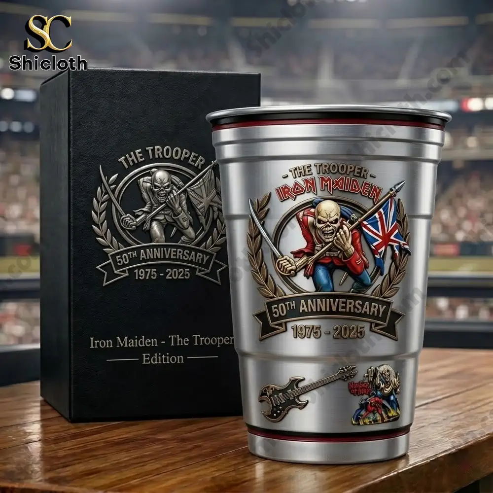 Iron Maiden Trooper themed aluminum cup with Eddie soldier artwork on display table!