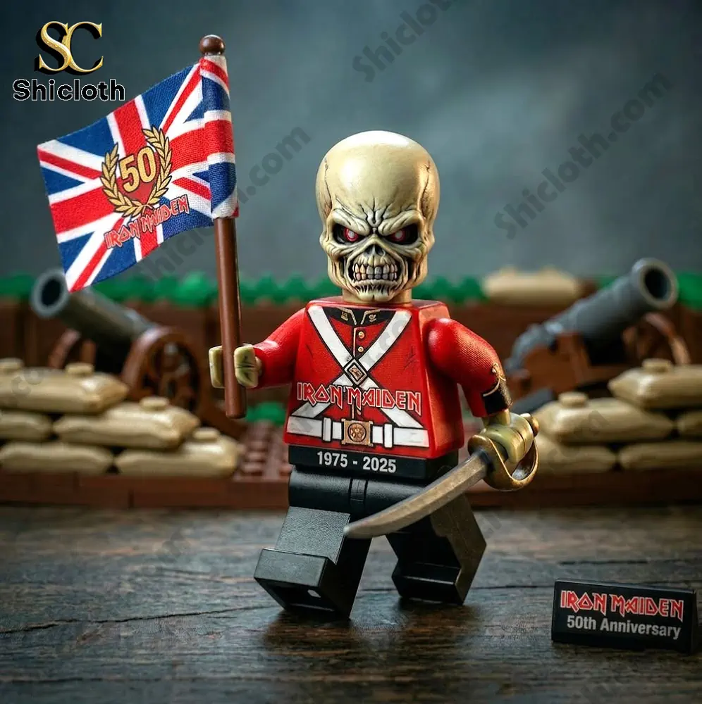 Close up Iron Maiden figure holding flag and sword anniversary edition