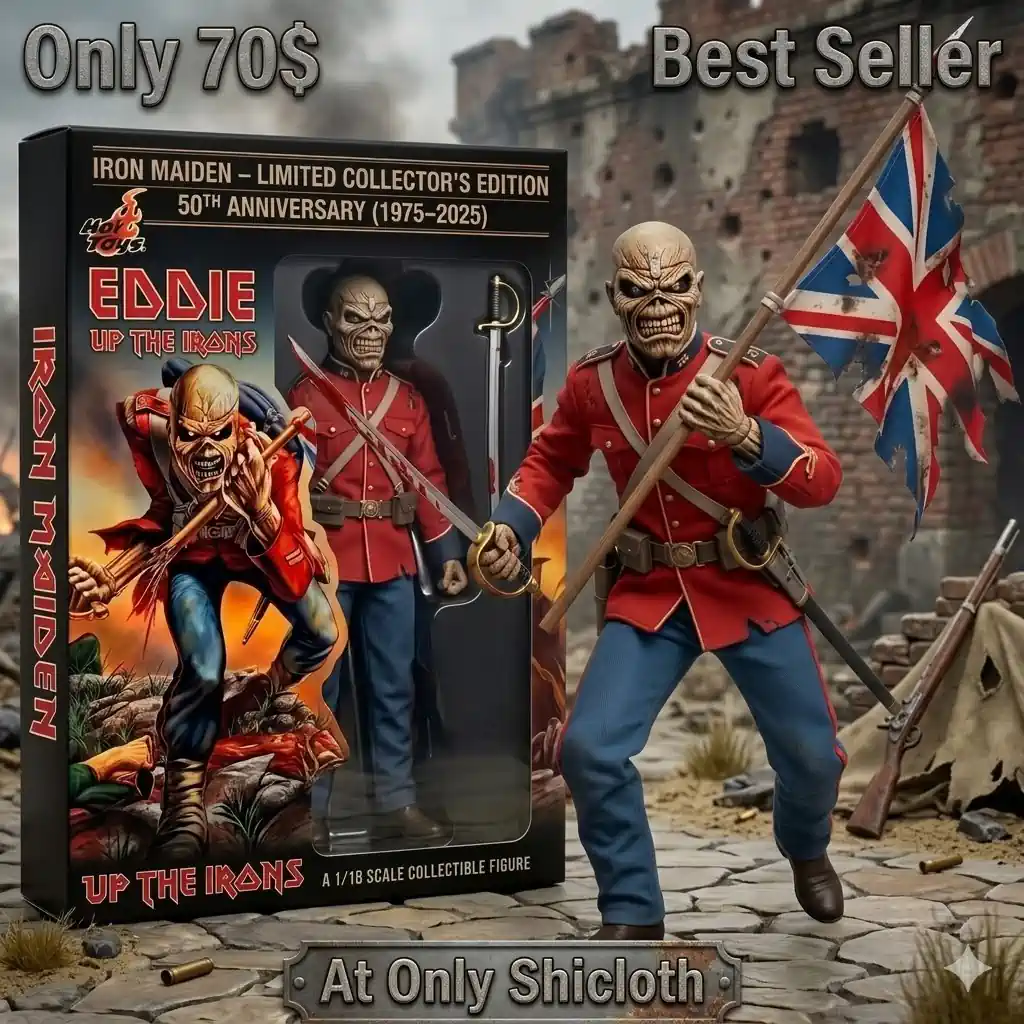 Iron Maiden Eddie figure holding a flag in battlefield setting with collector box from Shicloth!