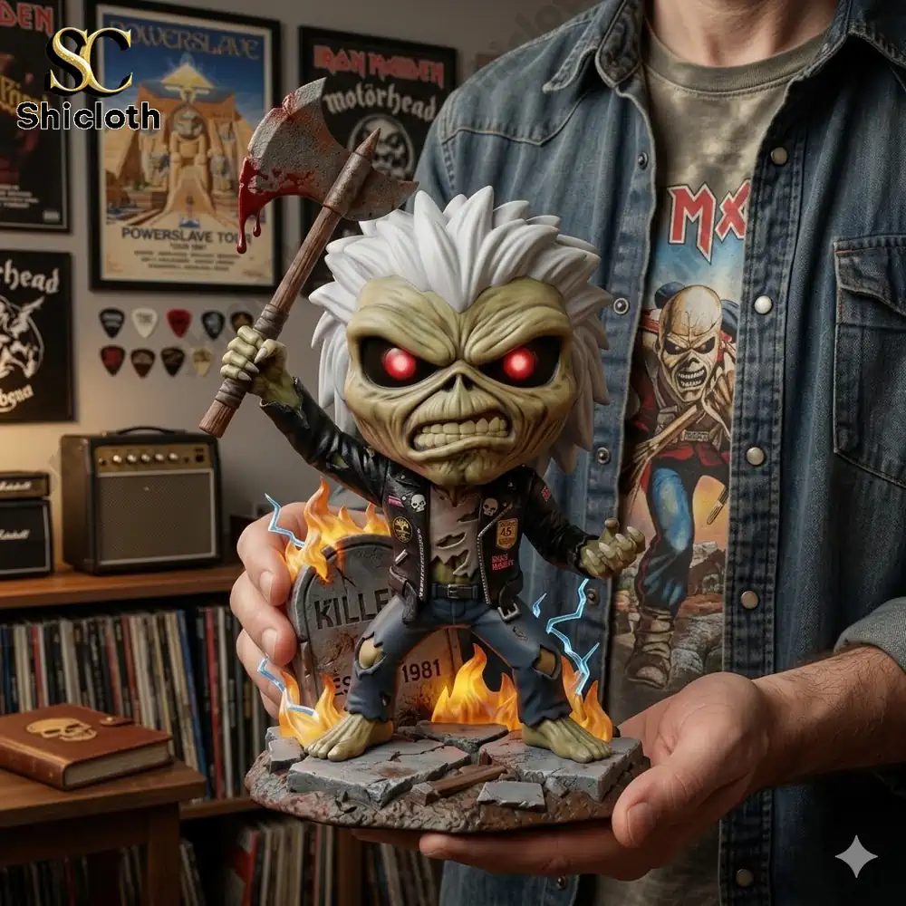 Killers Eddie rock mascot vinyl figure holding axe with flames and tombstone base displayed in music room