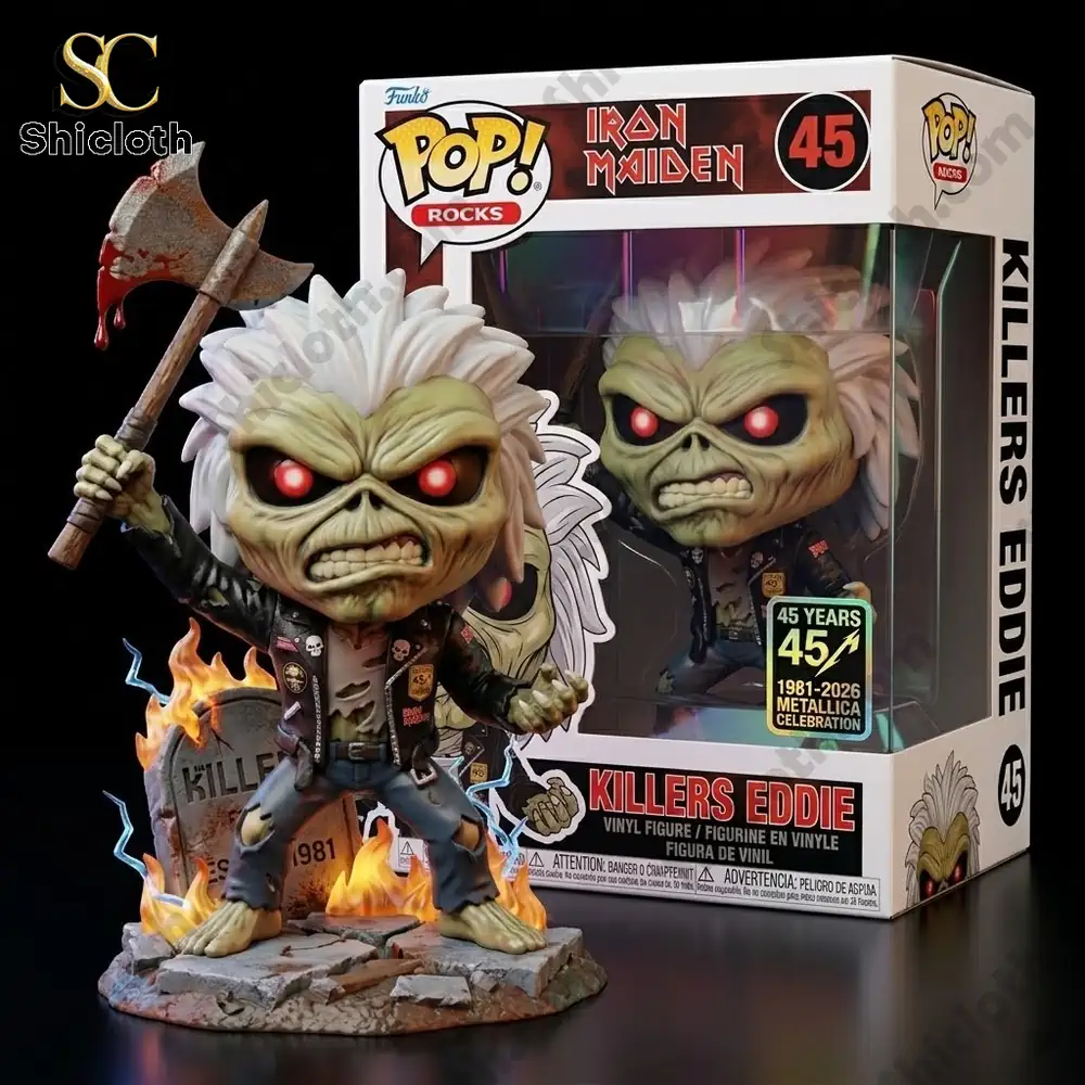 Killers Eddie vinyl figure with axe and fire base displayed next to collectible figure packaging