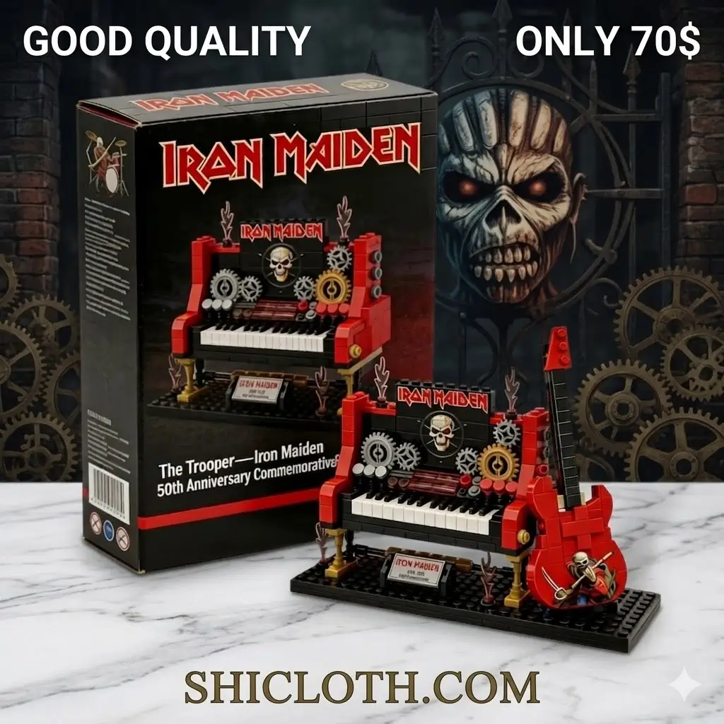 Iron Maiden building block piano and guitar set with decorative background