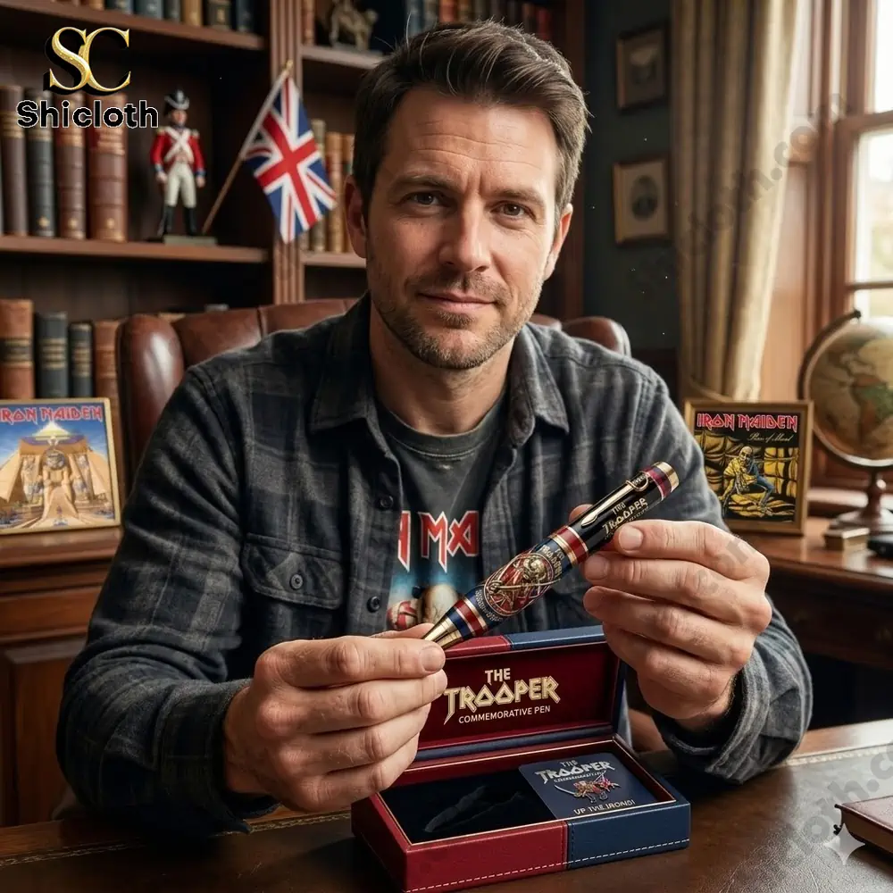 Man presenting Iron Maiden The Trooper Commemorative Pen in classic study room!