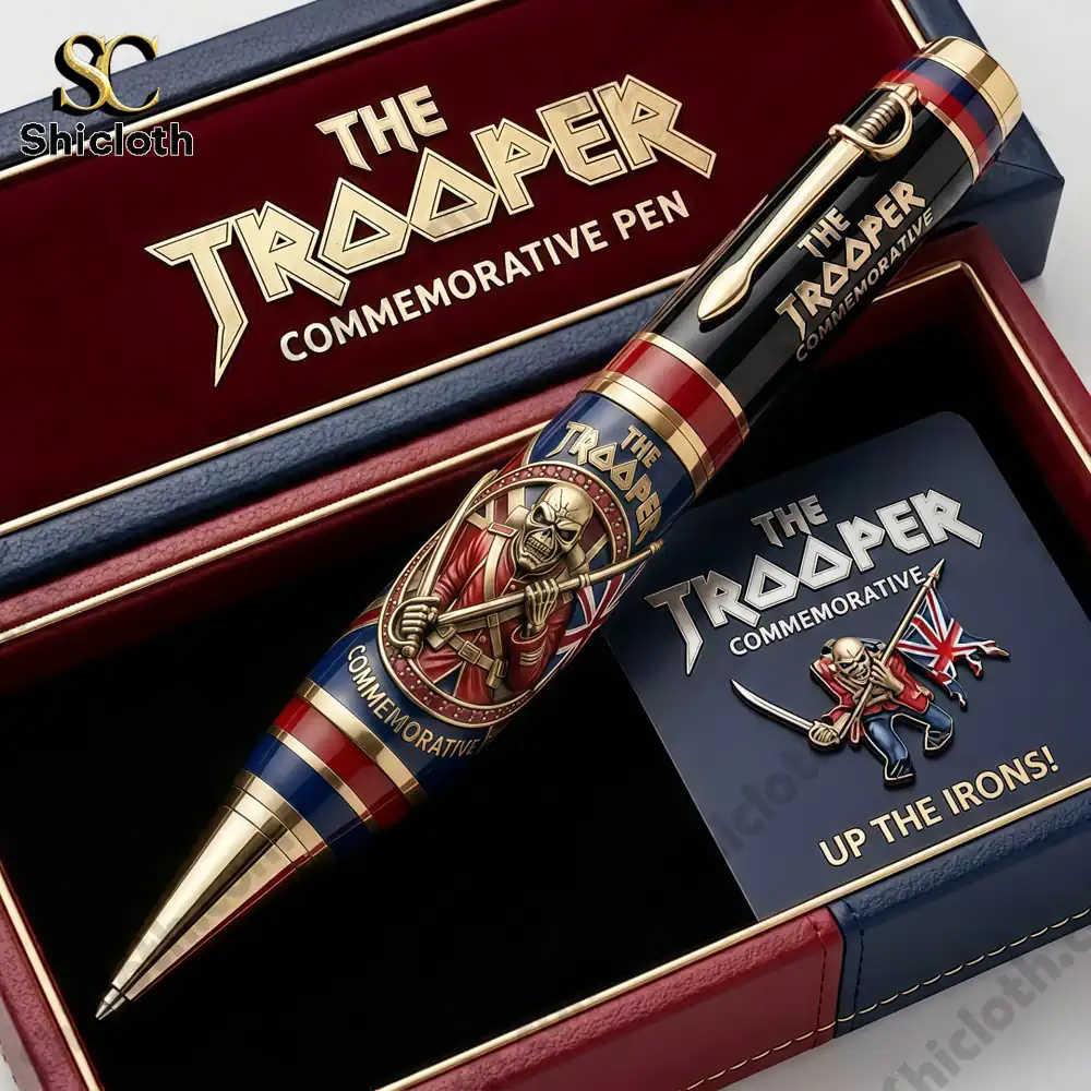 Close view of Iron Maiden The Trooper Commemorative Pen inside collector box!