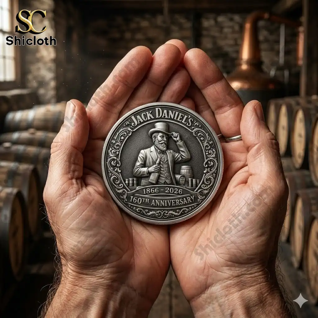 Jack Daniels 160th Anniversary commemorative coin held in hands inside whiskey barrel cellar