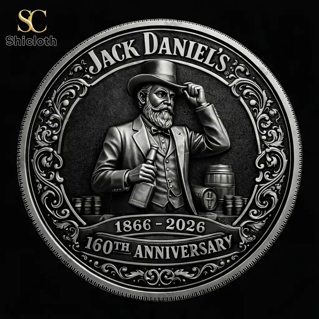 Front side of Jack Daniels 160th Anniversary commemorative coin on black background