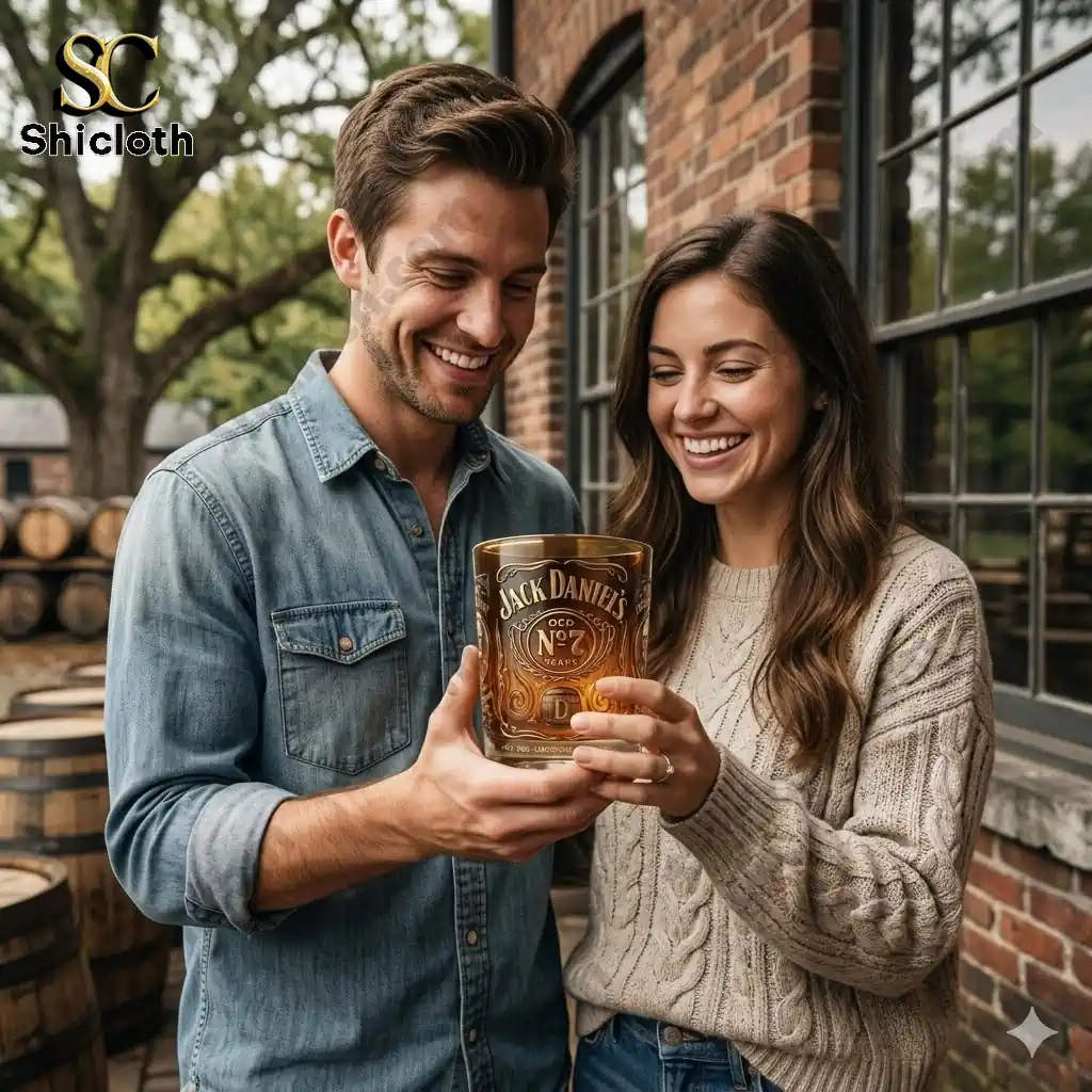 Couple holding Jack Daniels Old No 7 anniversary whiskey glass outdoors near wooden barrels.