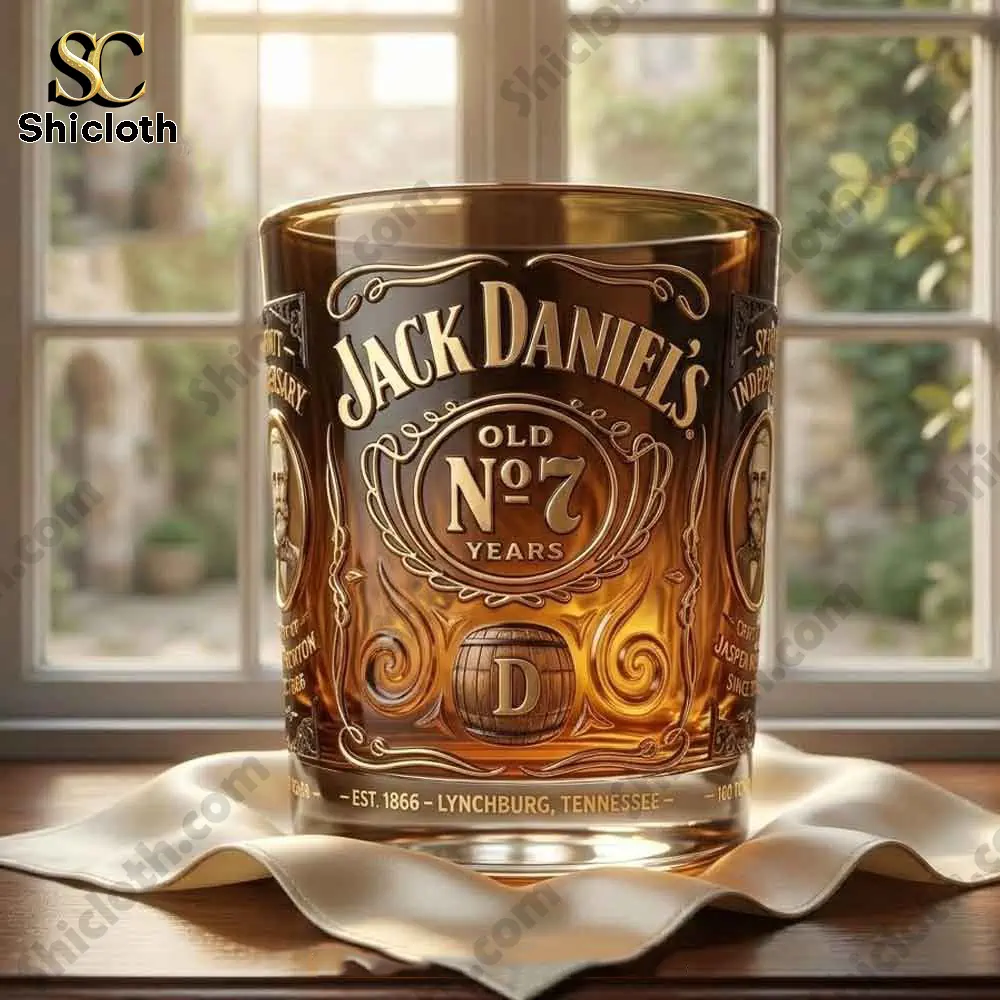 Jack Daniels Old No 7 anniversary whiskey glass placed by a bright window.