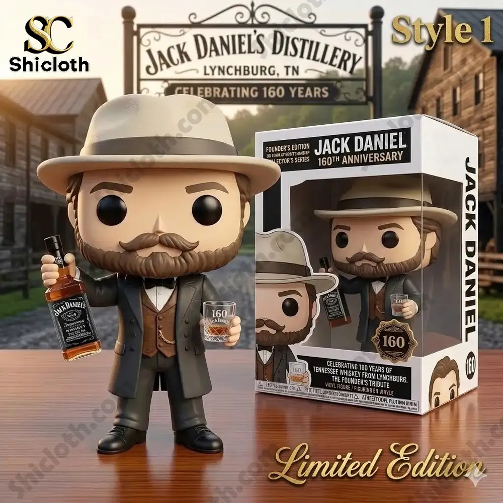 Jack Daniels anniversary collectible figure holding whiskey bottle beside collector box!