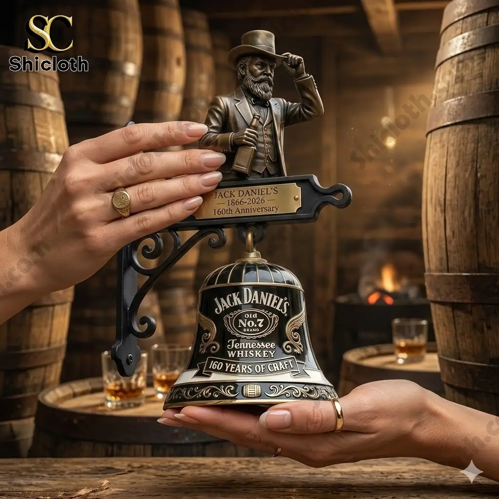 Jack Daniels 160th Anniversary wall bell held in hands inside a whiskey barrel cellar!