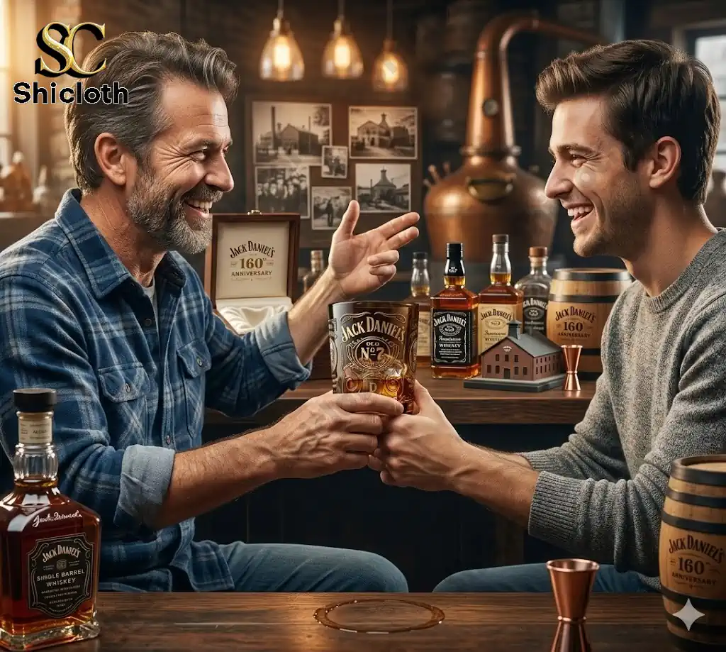 Two men toasting with Jack Daniels Old No Seven 160 Anniversary whiskey glass in a warm bar setting.