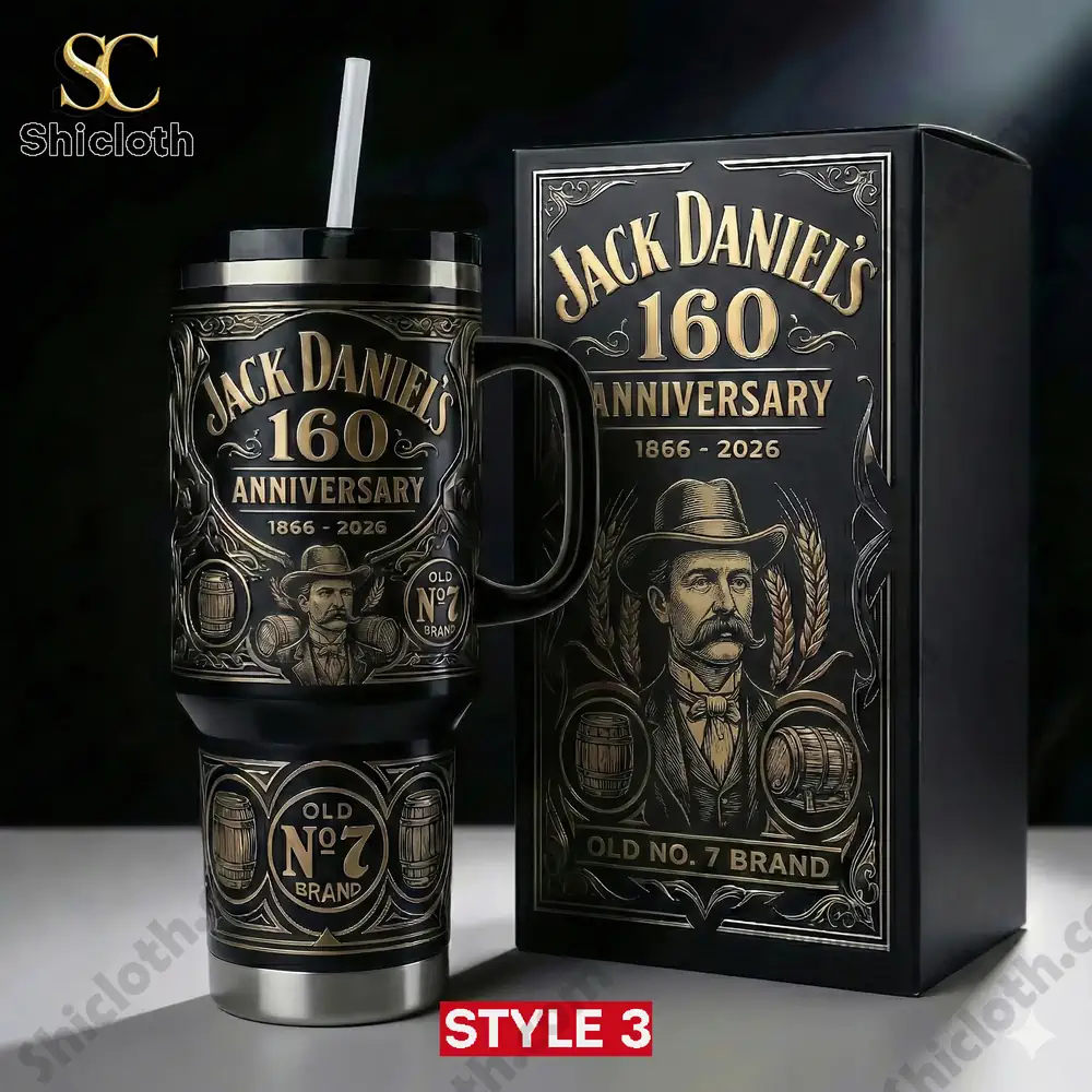 Jack Daniels 160th Anniversary Insulated Tumbler 4 insulated tumbler with anniversary design placed near vintage distillery background