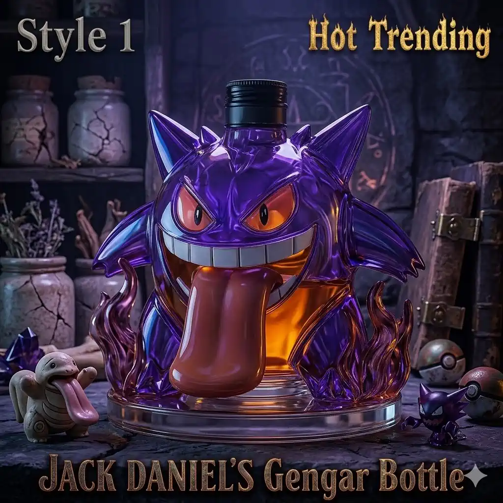 Purple gengar shaped bottle with long tongue and glowing fire!