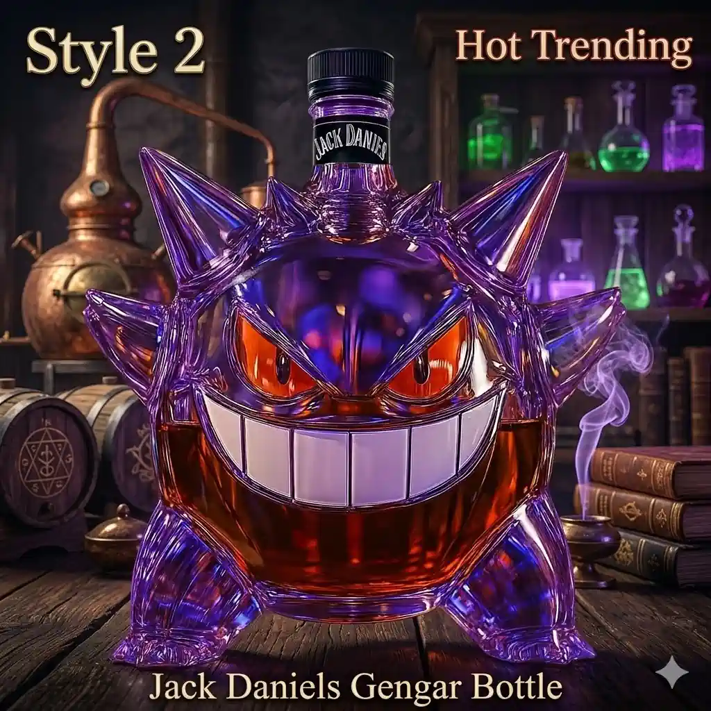 Purple gengar bottle with wide grin and spooky lab background!