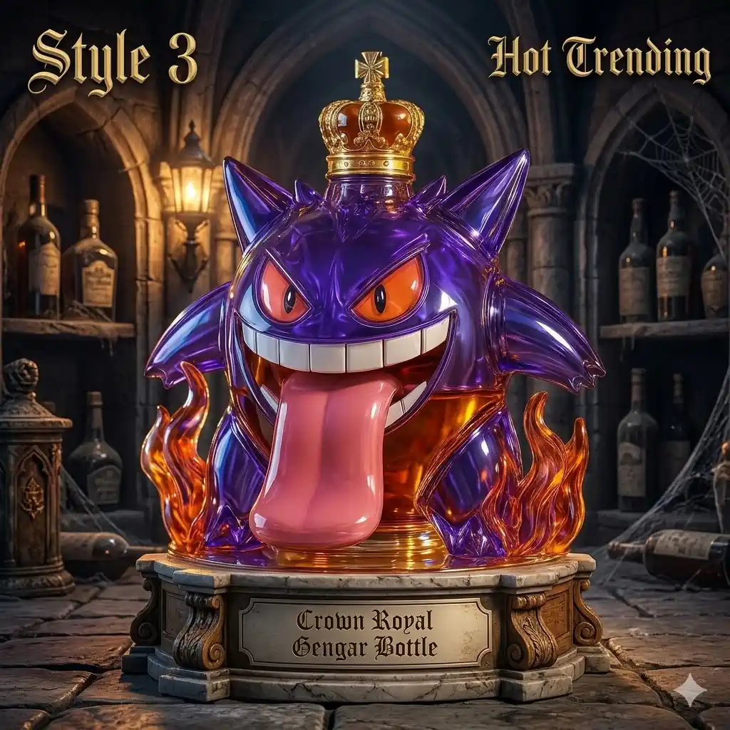 Jack Daniels Gengar Bottle 3 Gengar bottle with crown on top in gothic castle setting!