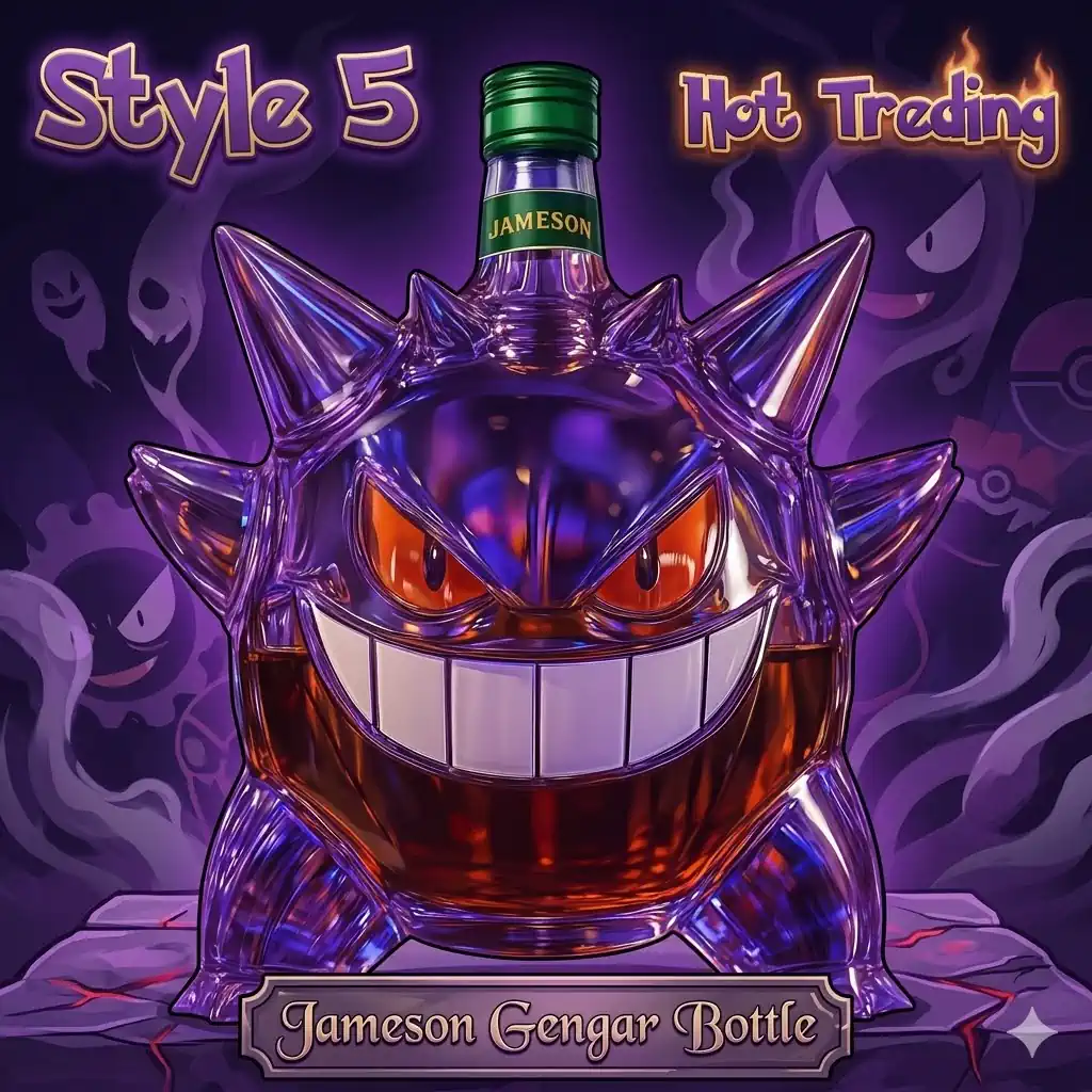 Jack Daniels Gengar Bottle 5 Gengar bottle with simple purple background and bold expression!