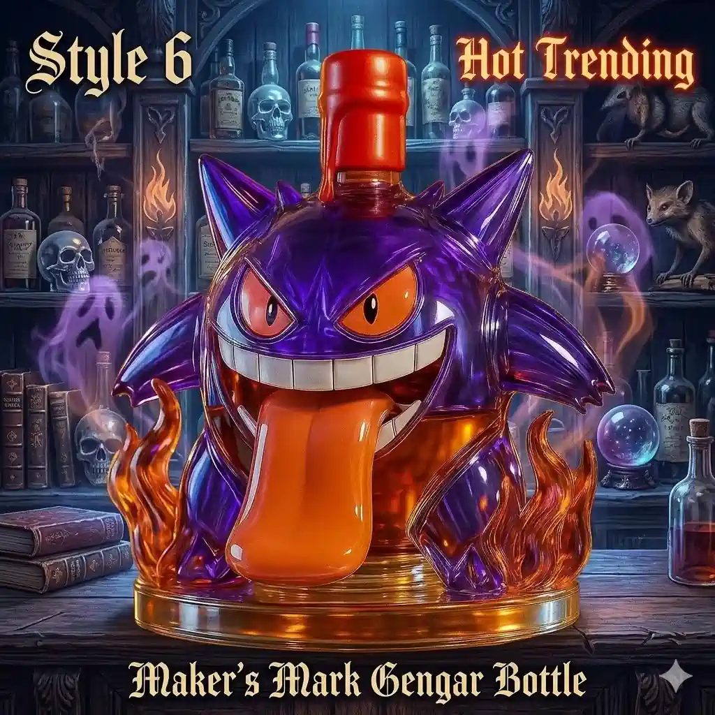 Jack Daniels Gengar Bottle 6 Purple Gengar style whiskey bottle with long tongue and glowing fire design by Shicloth!
