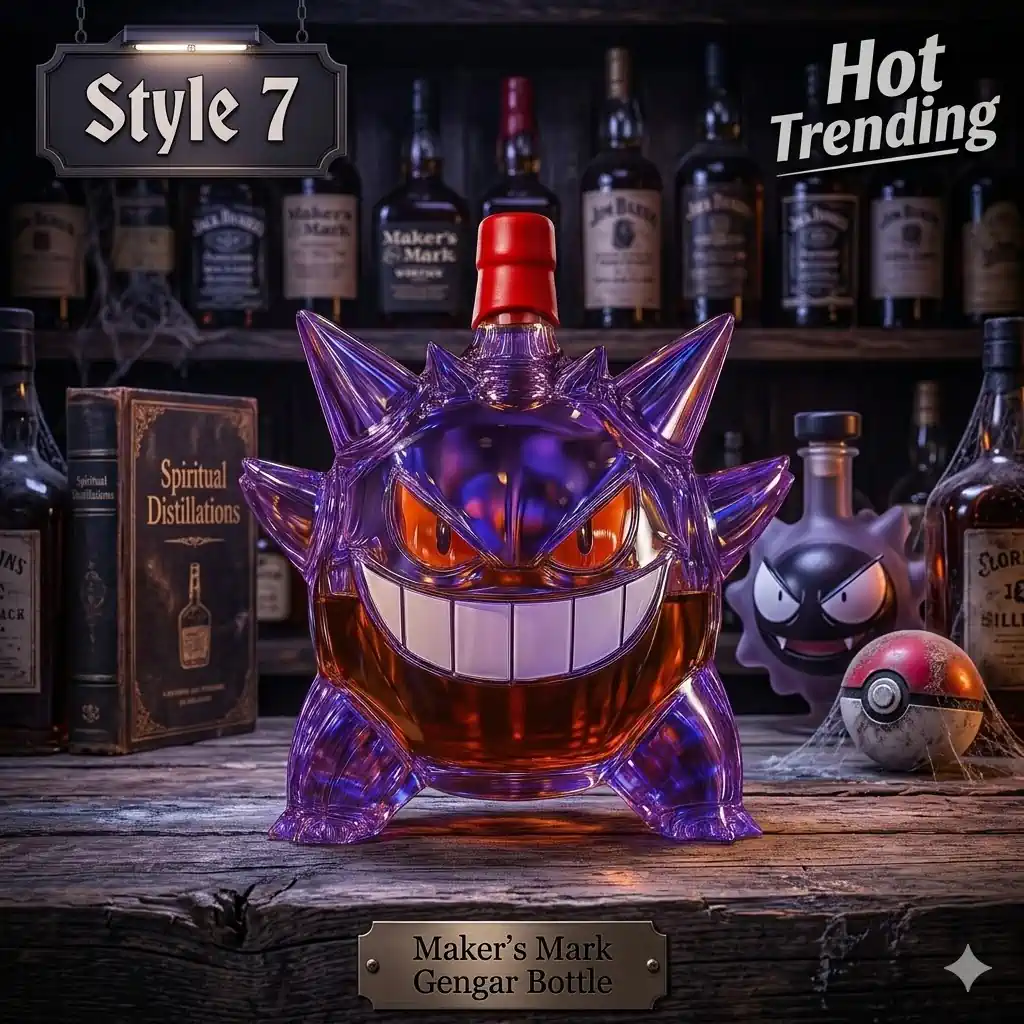 Jack Daniels Gengar Bottle 7 Round purple Gengar whiskey bottle design on wooden bar by Shicloth!