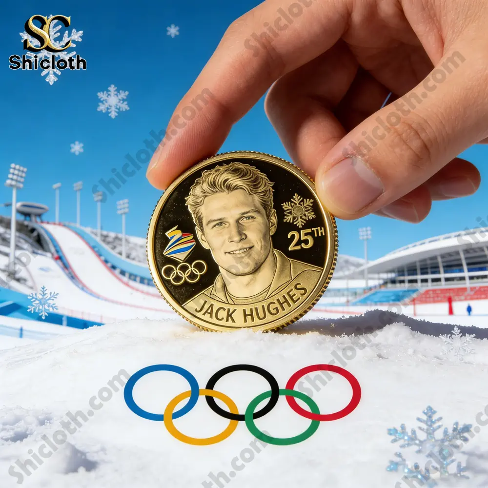 hand holding jack hughes winter olympics commemorative coin above snowy stadium scene from shicloth!