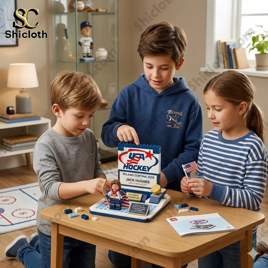 Children building Jack Hughes USA Hockey 2026 Olympic brick display set at a wooden table.