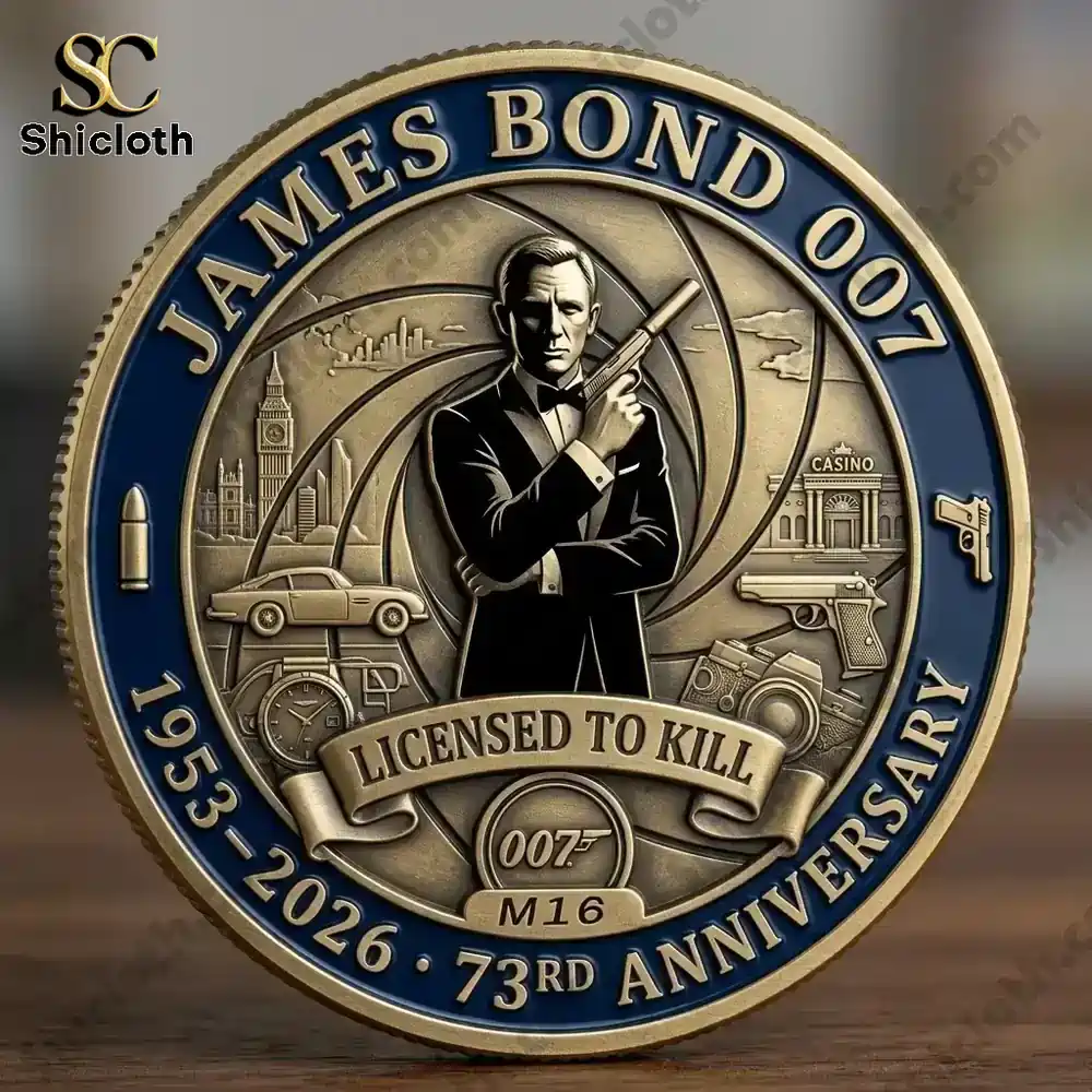 James Bond collectible coin with agent holding gun and anniversary design