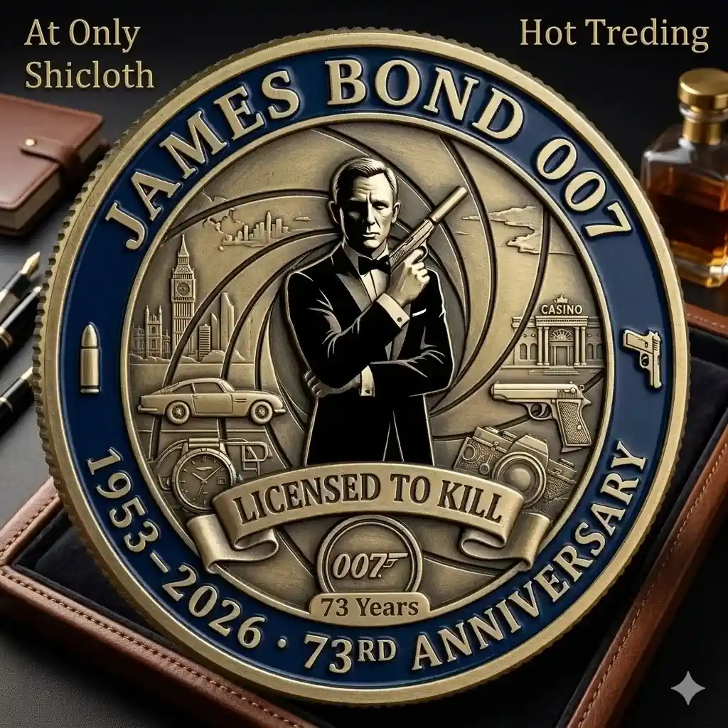 James Bond anniversary coin displayed with luxury items and classic design