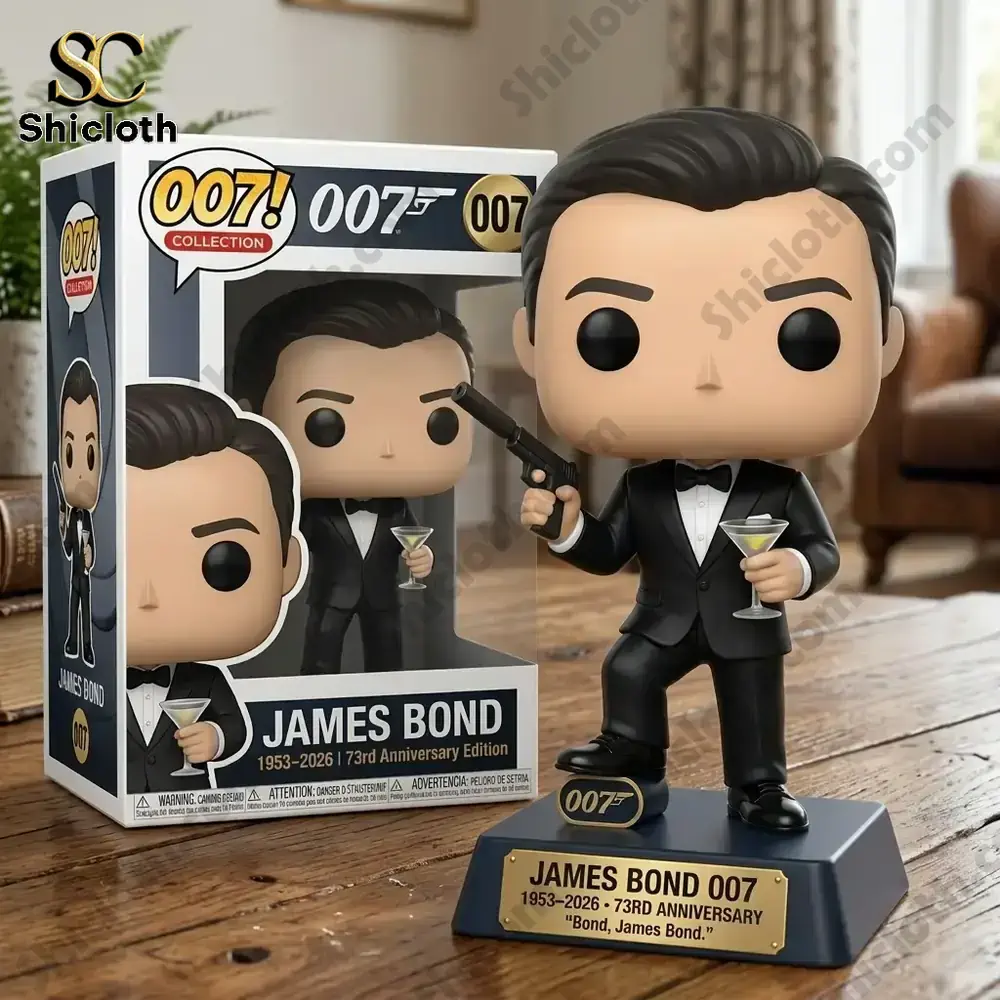 AC/DC 53rd Anniversary Commemorative Figure 49 James Bond styled figure holding gun and drink next to display box