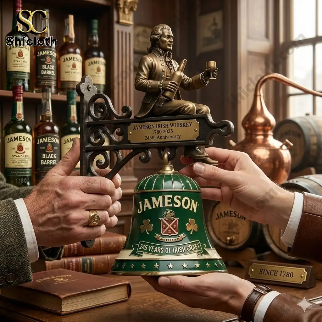 Jameson Irish Whiskey 245th Anniversary wall bell held in hands in whiskey display room