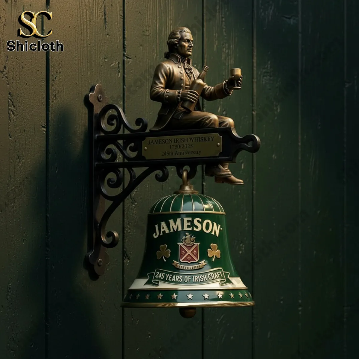 Jameson Irish Whiskey 245th Anniversary wall bell mounted on green wooden door