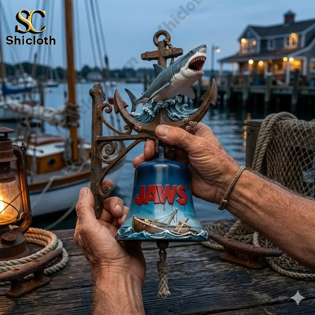 Hands holding a Jaws shark anchor wall bell at a harbor dock.