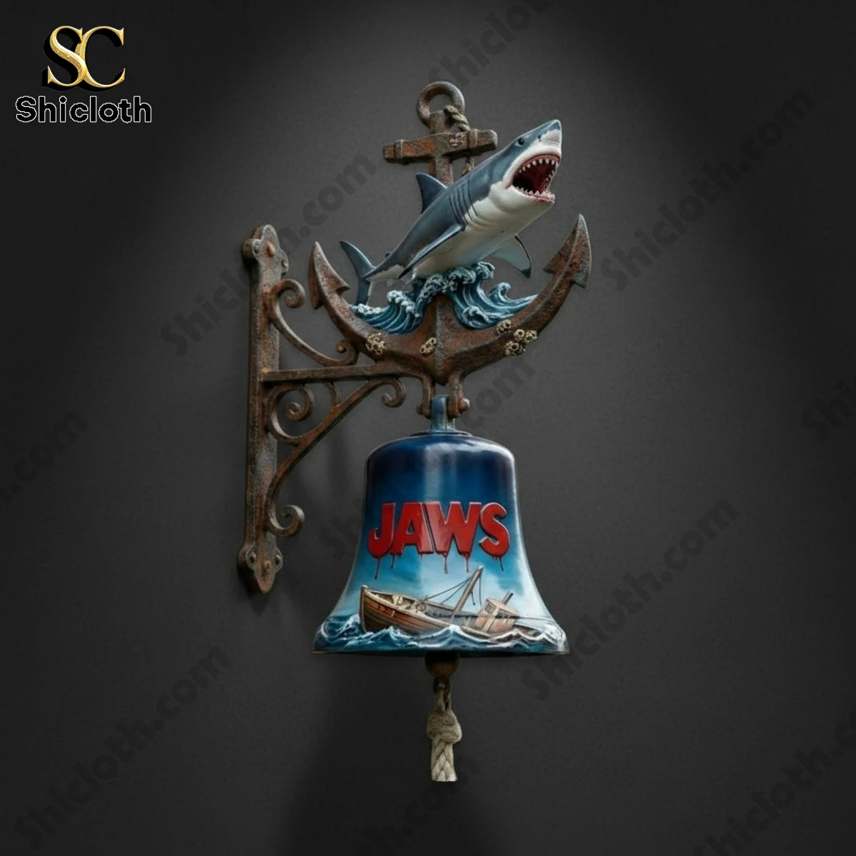 Jaws shark anchor wall bell mounted on a dark wall background.