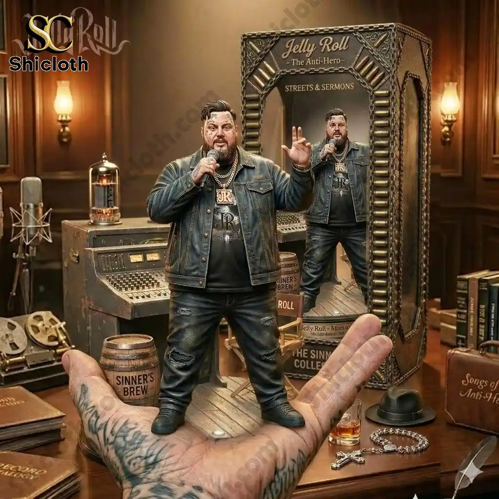 Jelly Roll figure standing on a hand in front of detailed music themed display box!