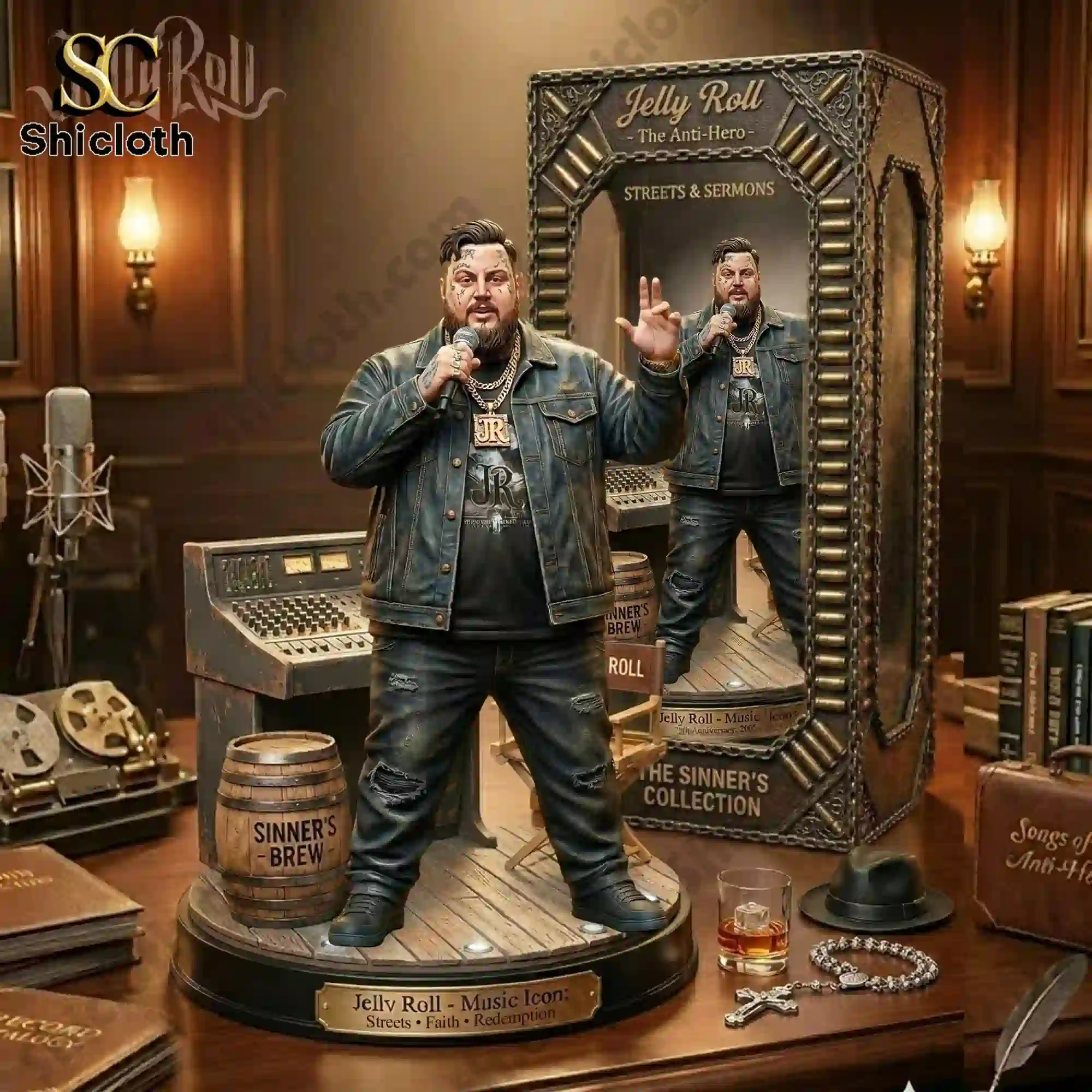 Jelly Roll figure posed in front of collector box in vintage recording studio setting!