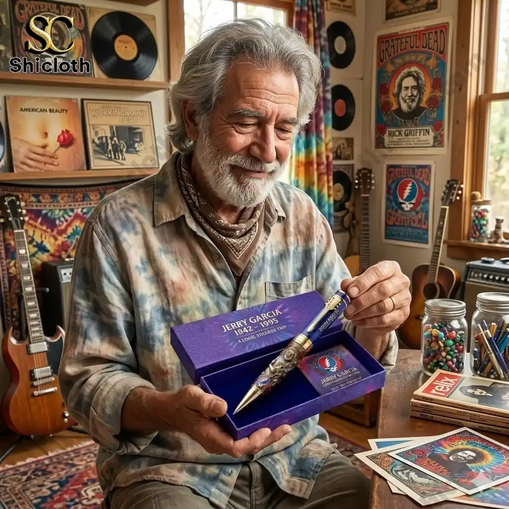 Man holding Jerry Garcia commemorative pen in music room with guitars and records from Shicloth!