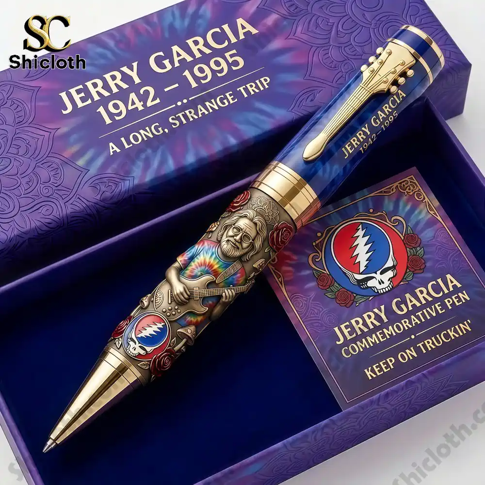 Close view of Jerry Garcia commemorative pen inside decorative tribute box from Shicloth!