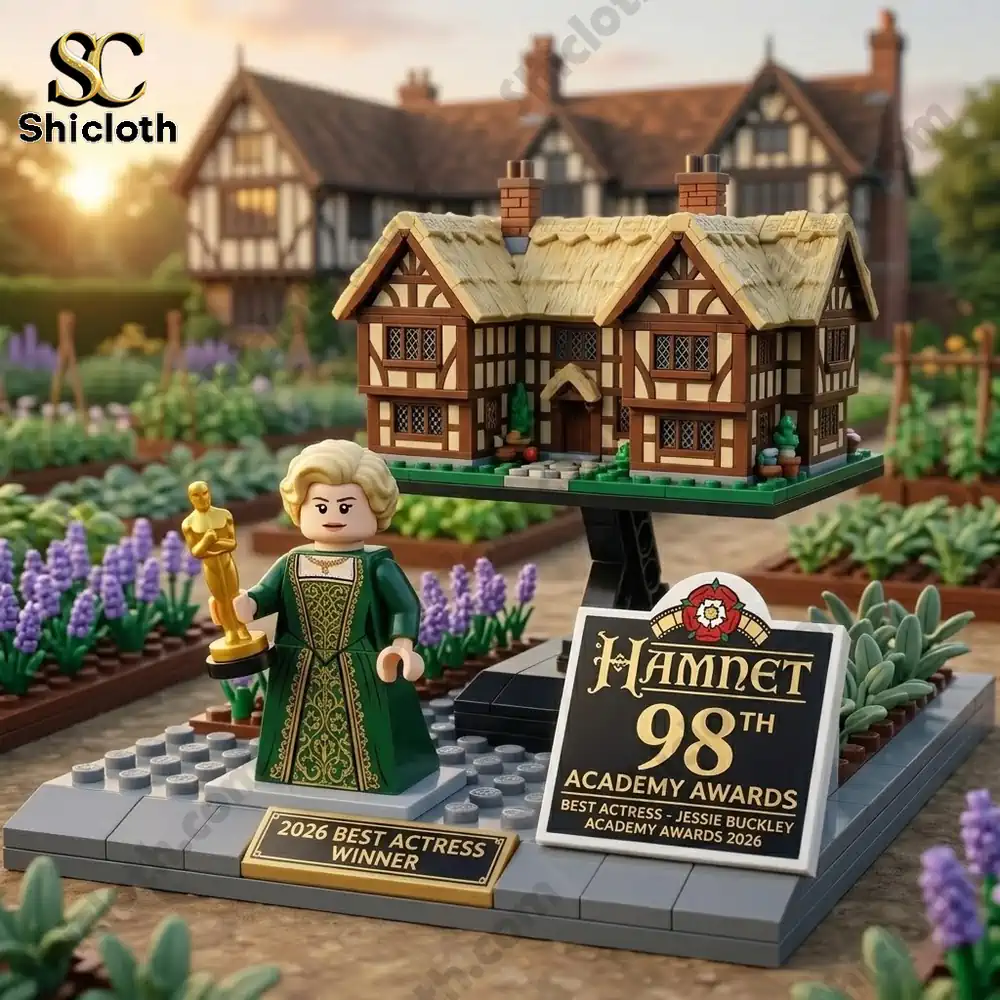 Hamnet building brick set with actress figure and award display outdoors!