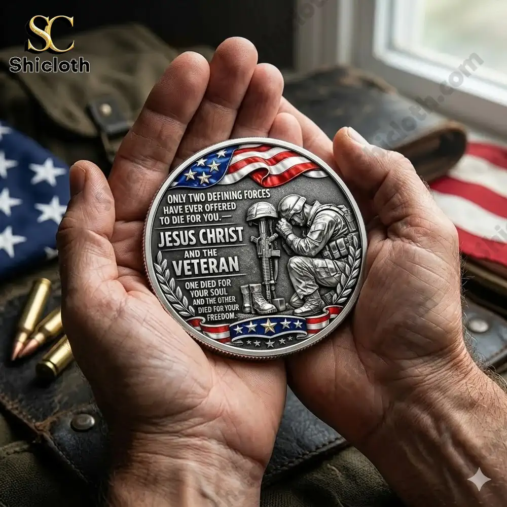 Hands holding a tribute coin with soldier and American flag design