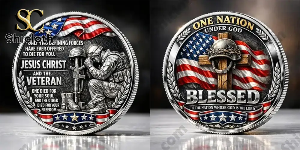 Front and back view of tribute coin with soldier cross and American flag